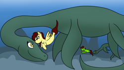 Size: 1920x1080 | Tagged: safe, artist:platinumdrop, oc, oc only, oc:summer gale, plesiosaur, seapony (g4), cute, dorsal fin, fin, fish tail, flowing tail, kissing, loch ness monster, looking at each other, looking at someone, marine reptile, nessie, ocean, open mouth, open smile, plesiosaurus, request, sea reptile, smiling, smiling at each other, swimming, tail, underwater, water