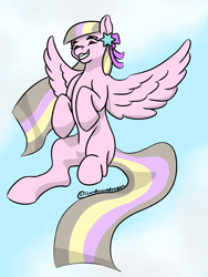 Size: 2250x3000 | Tagged: safe, artist:soundwavedragon, oc, oc only, oc:petal twinkle, pegasus, pony, belly, cel shading, concave belly, digital art, flying, hair accessory, high res, hooves together, long mane, long tail, looking at you, open mouth, shading, signature, simple background, sky, smiling, smiling at you, solo, spread legs, spread wings, spreading, striped mane, striped tail, tail, wings