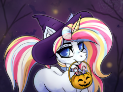Size: 2127x1594 | Tagged: safe, artist:dushnila, oc, oc only, bat, pony, spider, unicorn, accessory, blue eyes, candy, candy cane, clothes, collar, costume, food, halloween, halloween costume, hat, holiday, moon, pumpkin bucket, solo, spider web, tree, witch hat