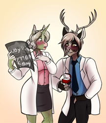 Size: 2880x3331 | Tagged: safe, artist:blackblood-queen, oc, oc only, oc:caine, oc:fern evergreen, deer, unicorn, anthro, unguligrade anthro, anthro oc, antlers, cainergreen, clothes, commission, couple, deer oc, digital art, doctor, duo, engagement ring, female, hair bun, high res, horn, interspecies, kneeling, male, mare, marriage proposal, necktie, non-pony oc, oc x oc, shipping, smiling, straight, surprised, unicorn oc, x-ray