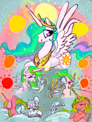 Size: 3000x4000 | Tagged: safe, artist:ja0822ck, princess celestia, raven, alicorn, pony, g4, bed, book, cake, female, food, mare, quill, scroll, sun, sunrise, sunset