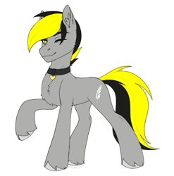 Size: 1600x1620 | Tagged: safe, artist:enderbee, oc, oc only, oc:lightpeace, earth pony, pony, chest fluff, collar, colored, commission, ear fluff, flat colors, full body, hooves, multicolored hair, raised hoof, simple background, sketch, white background