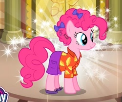 Size: 756x632 | Tagged: safe, gameloft, pinkie pie, g4, my little pony: magic princess, bow, clothes, hair bow, hawaiian shirt, my little pony logo, pants, shirt, solo