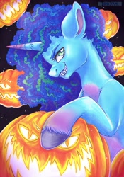 Size: 2443x3482 | Tagged: safe, artist:tokokami, misty brightdawn, pony, unicorn, g5, evil smile, grin, halloween, high res, holiday, jack-o-lantern, pumpkin, sharp teeth, smiling, solo, teeth