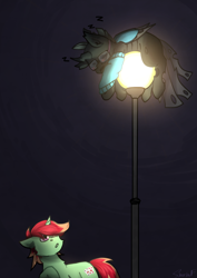 Size: 2480x3508 | Tagged: safe, artist:sinrinf, oc, oc only, oc:jonin, oc:tarsi, changeling, pony, unicorn, bugs doing bug things, commission, high res, lamp, lamppost, lantern, onomatopoeia, simple background, sleeping, sound effects, wings, ych result, zzz