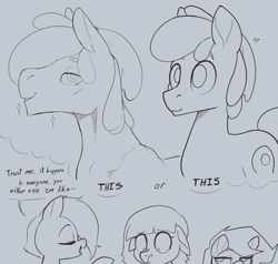 Size: 1680x1600 | Tagged: safe, artist:storyteller, oc, oc:omelette, oc:rowdy spout, earth pony, pegasus, pony, comparison, dialogue, eyeroll, female, male, mare, monochrome, sketch, speech bubble, stallion