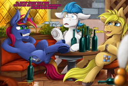 Size: 1750x1173 | Tagged: safe, artist:jamescorck, oc, oc only, oc:dreamy daze, oc:flicker feather, oc:stable reins, alcohol, beer bottle, bottle, hooves up, implied princess celestia, implied shining armor, implied shipping, male, pub, table, trio, trio male, unshorn fetlocks