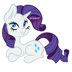 Size: 2000x2000 | Tagged: safe, artist:edgyanimator, rarity, pony, unicorn, g4, blue eyes, blue eyeshadow, crossed arms, cute, digital art, ear fluff, eyeshadow, female, firealpaca, full body, high res, horn, looking up, lying down, makeup, mare, png, prone, purple hair, simple, simple background, smiling, solo, tail, watermark, white background, white coat