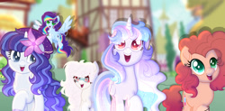 Size: 1280x631 | Tagged: safe, artist:selenavivacity, oc, oc:bright aquamarine, oc:dust skies, oc:selena vivacity, oc:spring cherry, oc:strawberry shortcake, alicorn, dracony, earth pony, hybrid, pegasus, pony, unicorn, alicorn oc, base used, female, flower, flower in hair, glasses, horn, interspecies offspring, magical lesbian spawn, mare, offspring, parent:bulk biceps, parent:cheese sandwich, parent:fancypants, parent:fluttershy, parent:pinkie pie, parent:rainbow dash, parent:rarity, parent:spike, parent:twilight sparkle, parents:cheesepie, parents:flutterbulk, parents:raripants, parents:sparity, parents:twidash, ponyville, spread wings, wings