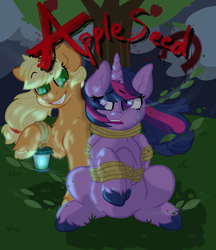 Size: 1001x1158 | Tagged: safe, artist:darkwatertopaz, applejack, twilight sparkle, alicorn, earth pony, pony, fanfic:appleseed, g4, bondage, crazy grin, crying, duo, fanfic art, female, kidnapped, rope, rope bondage, this will end in death, twilight sparkle (alicorn)