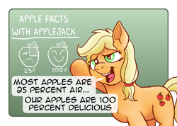 Size: 2499x1776 | Tagged: safe, artist:doodledonutart, applejack, earth pony, pony, g4, apple, chalkboard, fact, facts, female, food, open mouth, open smile, pie chart, smiling, solo