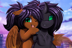 Size: 3031x2040 | Tagged: safe, artist:pridark, oc, oc only, changeling, hybrid, pegabat, pony, changeling oc, duo, high res