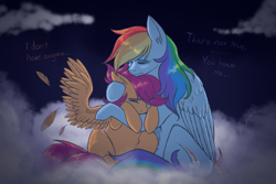 Size: 3000x2000 | Tagged: safe, artist:htotnesnahac, rainbow dash, scootaloo, pegasus, pony, g4, cloud, comforting, crying, dialogue, duo, duo female, female, filly, foal, high res, mare, scootalove, sky