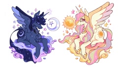 Size: 1366x752 | Tagged: dead source, safe, artist:regenko, princess celestia, princess luna, alicorn, pony, g4, alternate hairstyle, chest fluff, duo, duo female, female, leonine tail, moon, redesign, royal sisters, siblings, simple background, sisters, spread wings, sun, tail, white background, wings