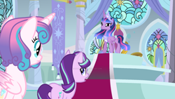 Size: 1280x720 | Tagged: safe, artist:hate-love12, princess flurry heart, starlight glimmer, twilight sparkle, alicorn, pony, unicorn, g4, base used, butt, deviantart watermark, glimmer glutes, obtrusive watermark, older, older flurry heart, plot, throne room, trio, twilight sparkle (alicorn), ultimate twilight, watermark