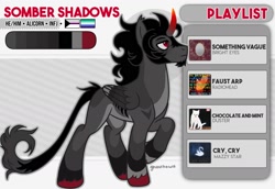 Size: 1705x1174 | Tagged: dead source, safe, artist:ghoulhowls, king sombra, oc, oc only, oc:somber(ghoulhowls), alicorn, pony, alicorn oc, body markings, coat markings, colored hooves, colored horn, colored wings, curved horn, demisexual pride flag, ear tufts, facial hair, folded wings, gay pride flag, goatee, gray background, horn, kinsona, leonine tail, long tail, looking offscreen, looking up, male, male alicorn, male alicorn oc, multicolored wings, pale belly, patterned background, pride, pride flag, raised hoof, red eyes, reference sheet, simple background, slit pupils, socks (coat markings), solo, sombra horn, stallion, standing, tail, white background, wings