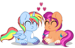 Size: 589x382 | Tagged: safe, artist:existencecosmos188, sunny starscout, oc, oc:shield wing, alicorn, earth pony, pony, g5, alicorn oc, base used, canon x oc, duo, eyes closed, horn, male, simple background, stallion, transparent background, unshorn fetlocks, wings