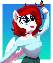 Size: 1620x1920 | Tagged: safe, artist:whitequartztheartist, oc, butterfly, pegasus, anthro, anthro oc, equine, simple background, solo