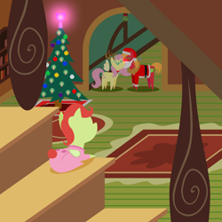 Size: 2160x2160 | Tagged: safe, anonymous artist, big macintosh, fluttershy, oc, oc:late riser, earth pony, pegasus, pony, series:fm holidays, series:hearth's warming advent calendar 2022, g4, advent calendar, animal costume, baby, baby pony, bell, bell collar, christmas, christmas tree, clothes, collar, colt, costume, eyes closed, fake antlers, fake beard, female, fluttershy's cottage, foal, footed sleeper, footie pajamas, hat, high res, holiday, kiss on the lips, kissing, lineless, male, mare, mistletoe, offspring, onesie, pajamas, parent:big macintosh, parent:fluttershy, parents:fluttermac, pointy ponies, red nose, reindeer costume, santa costume, santa hat, ship:fluttermac, shipping, stairs, stallion, straight, tree, watching