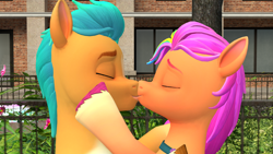 Size: 3840x2160 | Tagged: safe, artist:andrescortez7, hitch trailblazer, sunny starscout, earth pony, pony, g5, 3d, duo, eyes closed, female, high res, kiss on the lips, kissing, male, mane stripe sunny, mare, ship:starblazer, shipping, source filmmaker, stallion, straight