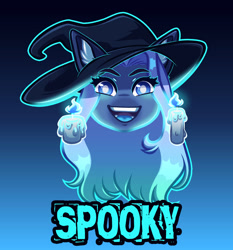 Size: 1024x1098 | Tagged: safe, artist:purplegrim40, oc, oc only, earth pony, pony, :d, bust, earth pony oc, gradient background, hat, open mouth, open smile, smiling, solo, witch hat