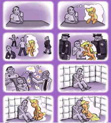 Size: 606x668 | Tagged: safe, artist:applepost67, applejack, earth pony, human, pony, g4, asylum, bondage, comic, doctor, imaginary friend, imagination, insanity, jail, padded cell, police, ponified, purple background, sad, simple background, straitjacket, thinking, thought bubble, tulpa