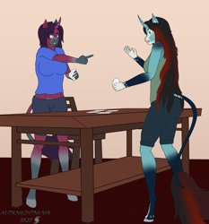 Size: 956x1024 | Tagged: safe, artist:rionix15, oc, oc only, oc:annie belle, oc:jeanne garnet, unicorn, anthro, card, casual, duo, leonine tail, rivals, tail