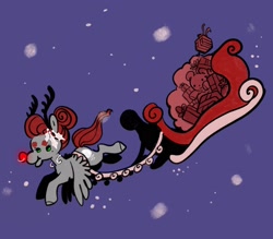 Size: 1694x1486 | Tagged: safe, artist:opalacorn, oc, oc only, oc:void, pegasus, pony, animal costume, christmas, costume, fake antlers, female, flying, holiday, holly, mare, night, nose piercing, nose ring, piercing, plushie, present, red nose, reindeer costume, santa's sleigh, sleigh, solo, teddy bear