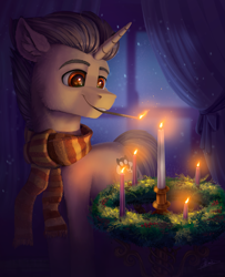 Size: 2357x2897 | Tagged: safe, artist:helmie-art, oc, oc only, oc:saffronic shadow, pony, unicorn, advent, advent wreath, candle, candlelight, christmas, clothes, high res, holiday, male, mouth hold, scarf, solo, stallion, striped scarf