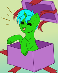 Size: 2160x2700 | Tagged: safe, artist:duskooky, oc, oc only, oc:green byte, pony, unicorn, box, commission, gradient background, high res, male, open mouth, open smile, pony in a box, pony present, smiling, solo, stallion, ych result