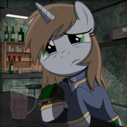 Size: 2000x2000 | Tagged: safe, artist:dddromm, oc, oc only, oc:littlepip, pony, unicorn, fallout equestria, bottle, clothes, crying, female, high res, jumpsuit, mare, pipbuck, radio, sad, sitting, solo, tavern, teary eyes, vault suit