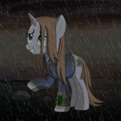 Size: 2000x2000 | Tagged: safe, artist:dddromm, oc, oc only, oc:littlepip, pony, unicorn, fallout equestria, clothes, female, grin, high res, jumpsuit, mare, pipbuck, rain, raised hoof, smiling, solo, stone, vault suit, wet, wet mane