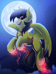 Size: 1900x2500 | Tagged: safe, artist:starcasteclipse, pegasus, pony, commission, flying, glowing, glowing hooves, harness, jingle bells, moon, open mouth, open smile, smiling, solo, tack, ych result