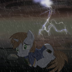 Size: 2000x2000 | Tagged: safe, artist:dddromm, oc, oc only, oc:littlepip, pony, unicorn, fallout equestria, astraphobia, clothes, ducking, fanfic art, female, high res, jumpsuit, lightning, mare, nose wrinkle, pipbuck, rain, rock, scared, scrunchy face, solo, terrified, vault suit