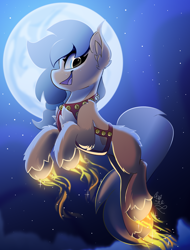 Size: 1900x2500 | Tagged: safe, artist:starcasteclipse, earth pony, pony, commission, flying, glowing, glowing hooves, harness, jingle bells, moon, open mouth, open smile, smiling, solo, tack, ych result