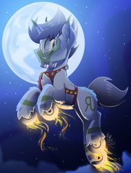 Size: 1900x2500 | Tagged: safe, artist:starcasteclipse, oc, oc only, oc:greenline, object pony, original species, pony, train pony, unicorn, commission, flying, glowing, glowing hooves, grin, harness, jingle bells, moon, smiling, solo, tack, train, wheel, ych result