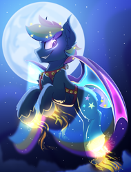 Size: 1900x2500 | Tagged: safe, artist:starcasteclipse, oc, oc only, oc:prism star, bat pony, pony, commission, flying, glowing, glowing hooves, grin, harness, jingle bells, moon, smiling, solo, tack, ych result