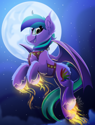Size: 1900x2500 | Tagged: safe, artist:starcasteclipse, oc, oc only, bat pony, pony, commission, flying, glowing, glowing hooves, harness, jingle bells, moon, open mouth, open smile, smiling, solo, tack, ych result