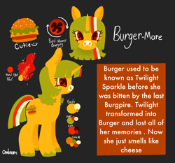 Size: 2048x1911 | Tagged: safe, artist:ombnom, oc, oc only, oc:burger mare, pony, unicorn, black background, implied twilight sparkle, reference sheet, simple background, solo