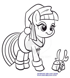 Size: 541x600 | Tagged: safe, artist:marybellamy, boulder (pet), maud pie, antlers, christmas, clothes, costume, cute, hat, holiday, lineart, patreon, patreon reward, reindeer antlers, santa costume, santa hat, simple background, smiling, white background