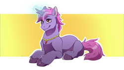 Size: 3000x1704 | Tagged: safe, artist:verkrai, oc, oc only, oc:samantha mosely, pony, unicorn, commissioner:wafertwo, ears up, female, lying down, magic, mare, sitting, smiling, solo