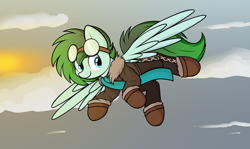 Size: 3000x1792 | Tagged: safe, artist:aaathebap, oc, oc only, oc:gryph xander, clothes, cute, flying, goggles, goggles on head, scarf, sky