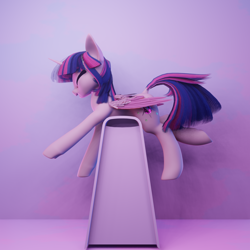 Size: 2048x2048 | Tagged: safe, artist:valiant studios, oc, oc only, oc:twilight (dimensional shift), alicorn, pony, 3d, 3d model, alicorn oc, blender, blender eevee, book, cute, eyes closed, high res, horn, open mouth, open smile, smiling, solo, vs twi, wings