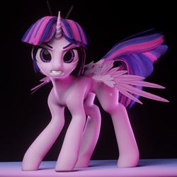 Size: 2048x2048 | Tagged: safe, artist:saphire systrine, artist:valiant studios, oc, oc only, oc:twilight (dimensional shift), alicorn, pony, 3d, 3d model, alicorn oc, angry, blender, blender eevee, concave belly, high res, horn, slender, solo, thin, wings