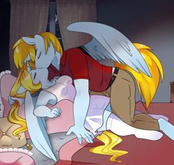 Size: 3552x3361 | Tagged: safe, alternate version, artist:kikiluv, oc, oc only, oc:graceful charity, oc:gregorius, alicorn, anthro, unguligrade anthro, alicorn oc, bed, bedsheets, clothes, commission, detailed background, dress, duo, eyes closed, female, hair pulling, high res, horn, horns are touching, kiss on the lips, kissing, kneeling, lying down, making out, male, multiple variants, night, oc x oc, on back, pants, passionate, pillow, polo shirt, rule 63, self paradox, self ponidox, selfcest, shipping, socks, spread wings, stockings, straight, sundress, thigh highs, window, wings