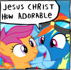 Size: 680x672 | Tagged: safe, edit, edited edit, edited screencap, editor:maonyman, screencap, rainbow dash, scootaloo, pegasus, pony, g4, parental glideance, boop, close-up, clothes, dialogue, duo, duo female, female, filly, foal, happy, jesus christ how horrifying, looking at each other, looking at someone, mare, nose wrinkle, noseboop, open mouth, reaction image, scootalove, smiling, speech bubble, uniform, wonderbolts uniform