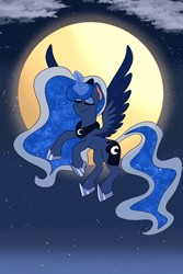 Size: 1000x1500 | Tagged: safe, artist:sereneoceanic, princess luna, alicorn, pony, g4, cloud, female, magic, magic aura, mare, moon, solo, stars