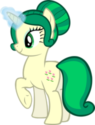 Size: 780x1025 | Tagged: dead source, safe, artist:theshadowstone, oc, oc only, oc:felicity mossrock, pony, unicorn, butt, eyeshadow, flower, flower in hair, green eyes, green mane, green tail, horn, makeup, plot, raised hoof, simple background, smiling, solo, tail, transparent background, two toned mane, two toned tail, underhoof, unicorn oc