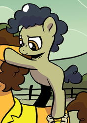 Size: 350x495 | Tagged: safe, idw, official comic, birch pie, cheese sandwich, earth pony, pony, g4, spoiler:comic, spoiler:comic99, black mane, black tail, blank flank, brown eyes, brown mane, brown tail, clothes, colt, foal, green coat, male, orange coat, pie family, shirt, tail