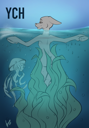 Size: 1640x2360 | Tagged: safe, artist:stirren, commission, eyes closed, floating, ocean, seaweed, smiling, solo, water, your character here